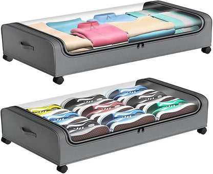 Under Bed Storage with Wheels,2 Pack Rolling Under bed Organizer Drawer with Clear Lids and Handles,UnderBed Storage Containers,Under Bed Organizer Bins for Clothes (Arc-shaped,Gray)