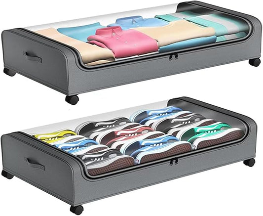Under Bed Storage with Wheels,2 Pack Rolling Under bed Organizer Drawer with Clear Lids and Handles,UnderBed Storage Containers,Under Bed Organizer Bins for Clothes (Arc-shaped,Gray)