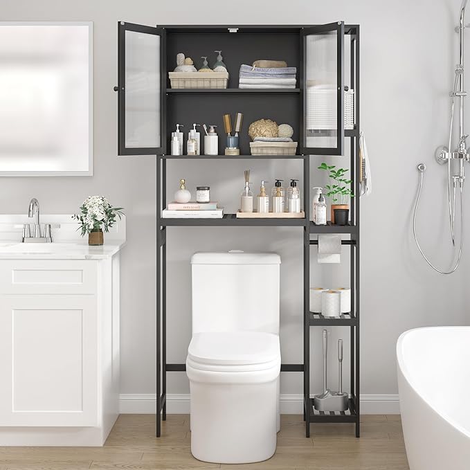 Wisuce Essentials Over The Toilet Storage Cabinet Above Toilet Bathroom Organizer with Toilet Paper Holder Stand Bath Organizer with Adjustable Shelves & Acrylic Doors,Anti-Tip Device (Black)