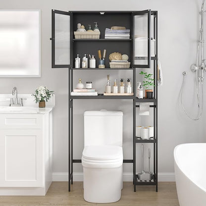 Wisuce Essentials Over The Toilet Storage Cabinet Above Toilet Bathroom Organizer with Toilet Paper Holder Stand Bath Organizer with Adjustable Shelves & Acrylic Doors,Anti-Tip Device (Black)