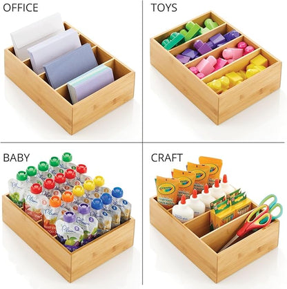 mDesign Bamboo Wood Food Storage Organizer Box, 4 Section, Divided Compartment Bin; Container for Kitchen, Pantry; Holder for Spices, Snacks, Tea, Coffee Cup - Echo Collection - 2 Pack - Natural