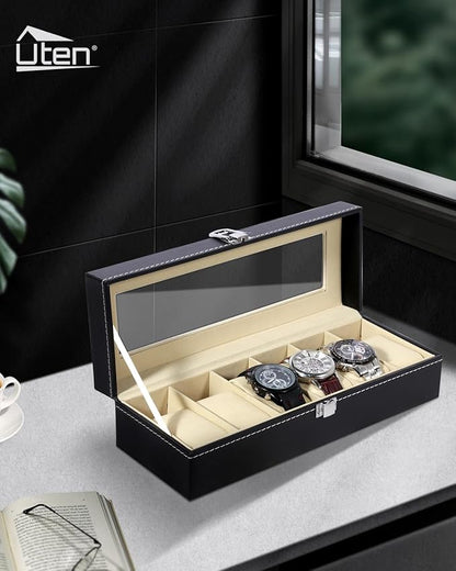 Uten Watch Box, 6 Slots Watch Case, Watch Box Organizer Jewelry Storage with Large Glass Lid, Watch Display Case, Watch Box for Men & Women