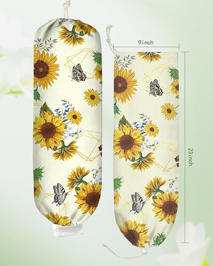 Plastic Bag Holder, Grocery Bag Organizer - 1 Pack Cute Kitchen Dispenser Holders Reusable Shopping Western Hanging Wall with Adjustment Drawstring Closure for Women Home, Sunflower