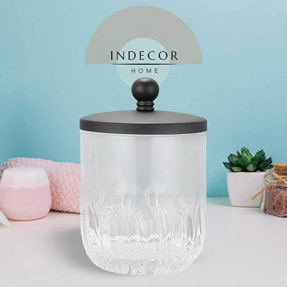 Indecor Home Glass Jar with Metal Lid for Bathroom Organization, Clear Apothecary Jar for Cotton Balls, Q Tips, and Small Accessories, Stylish Bathroom Storage Container Black