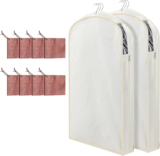 2 Sets 40 Inch Linen Fabric Bags for Hanging Clothes and Storage with Cedar Blocks for Fresh Smell and Moth Protection Sandpaper for Suit Fur Coat Jacket Sweater