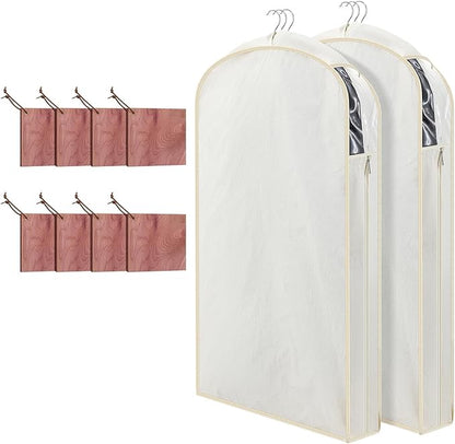 2 Sets 40 Inch Linen Fabric Bags for Hanging Clothes and Storage with Cedar Blocks for Fresh Smell and Moth Protection Sandpaper for Suit Fur Coat Jacket Sweater