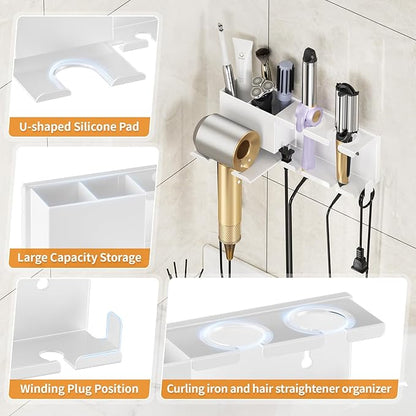 MAYZOLOP Hair Dryer Holder, Hair Tool Organizer, Blow Dryer Hanger Wall Mount for Dryer Hook, Bathroom Space-Saving Blow Dryer Organizer, Curling Irons Storage Wall Mounted White