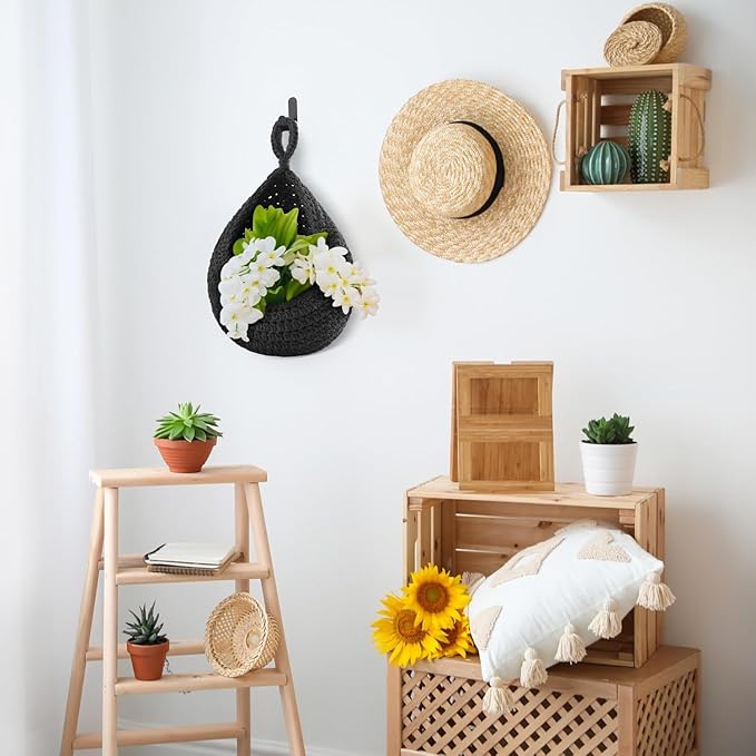 Honeydak Boho Decor Hanging Wall Baskets for Kitchen 3 Pack Teardrop Baskets with Hooks Storage Fruit Onion Vegetable Potato for Home 3 Sizes(Black,Cotton Rope)