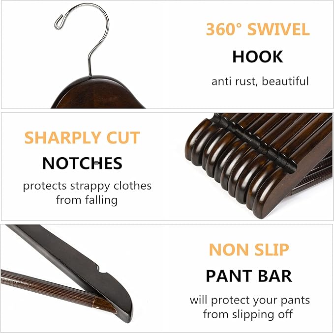Amber Home 20 Pack 15" Walnut Wooden Clothes Hangers for Women, Teenagers - Solid Wood Dress Coat Hangers With Non-Slip Pants Bar