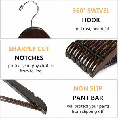 Amber Home 20 Pack 15" Walnut Wooden Clothes Hangers for Women, Teenagers - Solid Wood Dress Coat Hangers With Non-Slip Pants Bar
