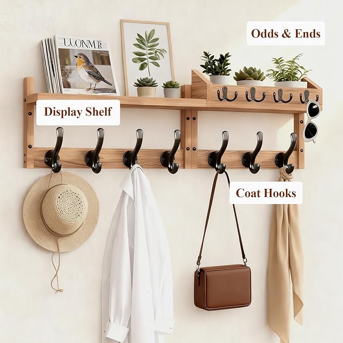 29" Coat Rack Wall Mount with Shelf, 4 in 1 Wall Mounted Coat and Key Hanger with 11 Hooks, Entryway Key Holder with Mail Holder for Living Room, Bedroom