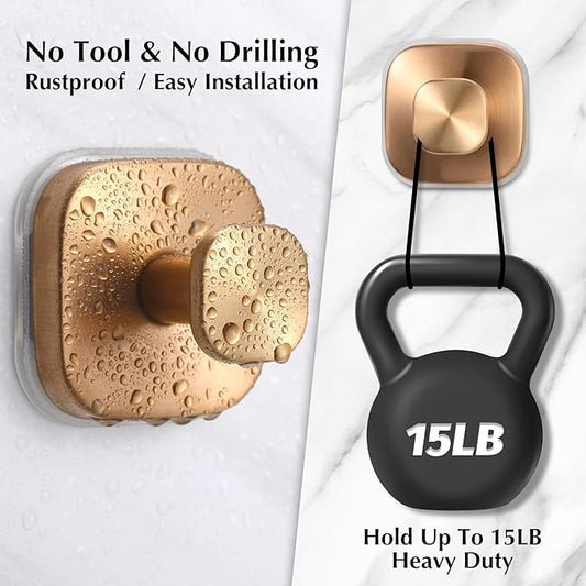 warlve Suction Cup Hooks for Shower - Reusable No-Drill Mounting - Hooks for Towels, Robes & Loofah on Metal, Glass, Mirrors, Tile & Smooth Non-Porous Surfaces (2, Champagne Bronze)