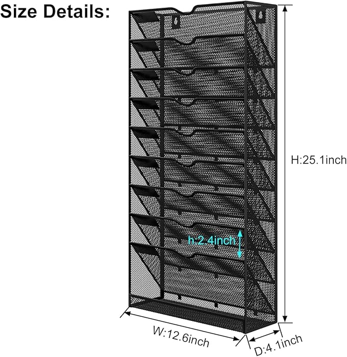 Hanging Wall File Organizer,10-Tier Desk File Mail Holder, Paper Bill Organization For Office Home School, Black