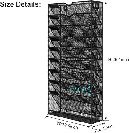 Hanging Wall File Organizer,10-Tier Desk File Mail Holder, Paper Bill Organization For Office Home School, Black