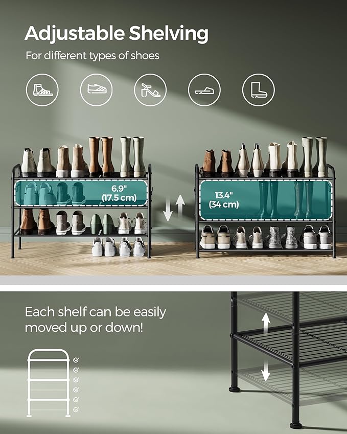 SONGMICS Shoe Rack, 3-Tier Shoe Organizer, Metal Shoe Shelf Storage with 4 Side Hooks, Holds 15 Pairs of Shoes, Height-Adjustable Shoe Rack for Entryway, Hallway, Closet, Ink Black ULMR138B01