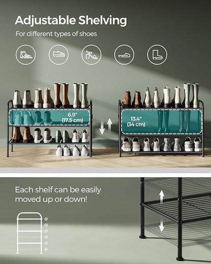 SONGMICS Shoe Rack, 3-Tier Shoe Organizer, Metal Shoe Shelf Storage with 4 Side Hooks, Holds 15 Pairs of Shoes, Height-Adjustable Shoe Rack for Entryway, Hallway, Closet, Ink Black ULMR138B01