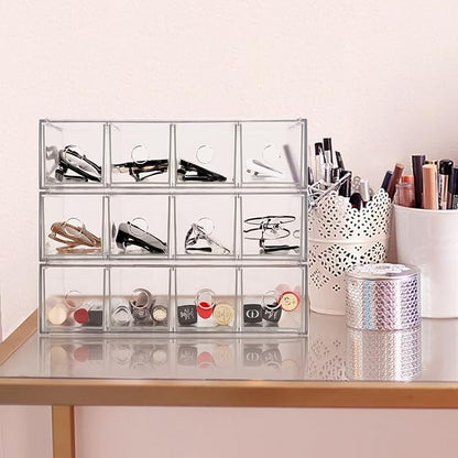 3-Pack Stackable Acrylic Storage Drawers, Desk Organizer Transparent Cosmetic Storage Boxes, 4 Compartment Design Suitable for Stationery, Dressing Table, Sunglasses, Jewelry Storage Organization