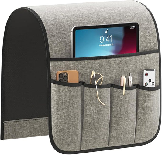 Sixyotie Sofa Armrest Organizer,Non-Slip Remote Control Holders for Recliner Couch,Chair Armchair Caddy with 5 Pockets for Table,Cell Phone,Ipad,Magazines,Books (13x35In, Lightgrey)