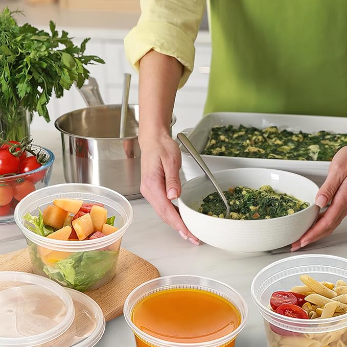 Slomg 60 Pack 16oz Plastic Deli Containers with Lids, Disposable Food Storage Containers for Soup Meal Prep Leftover, To Go Takeout Quart Bowls for Restaurant Kitchen Microwave Dishwasher Freezer Safe
