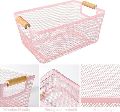 Metal Mesh Steel Basket, Large Wire Storage Organizer Basket Multi-function Hanging Kitchen Baskets with Wood Handle for Kitchen Bathroom Picnic Home, Rectangle-Pink