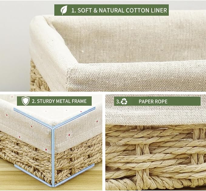 CT SUN Woven Storage Baskets for Shelves, 3-Piece Shallow Paper Rope Bins with 2 Sets of Liners (Cream & Daisy Print), Wicker Style Trays for Pantry, Bathroom, Kitchen Counter, Bread & Nursery