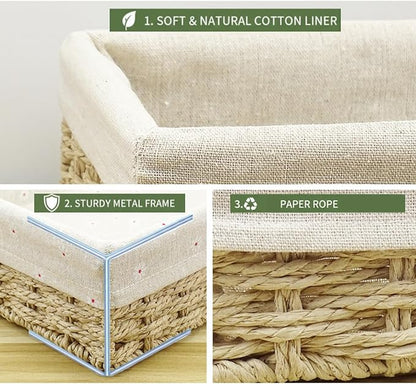 CT SUN Woven Storage Baskets for Shelves, 3-Piece Shallow Paper Rope Bins with 2 Sets of Liners (Cream & Daisy Print), Wicker Style Trays for Pantry, Bathroom, Kitchen Counter, Bread & Nursery