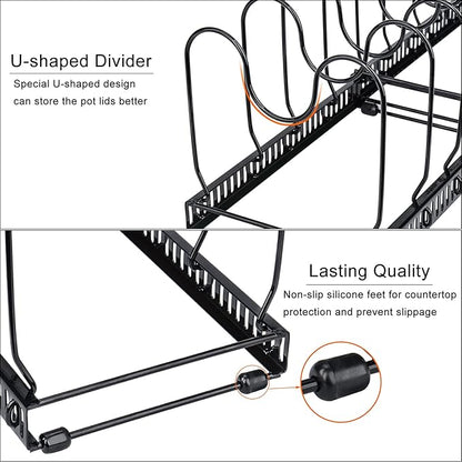 Toplife Pots and Pans Organizer Rack for Cabinet and Countertop, 10+ Pot Lids, Bakeware and Cookware Holder with 10 Adjustable Compartments - Black