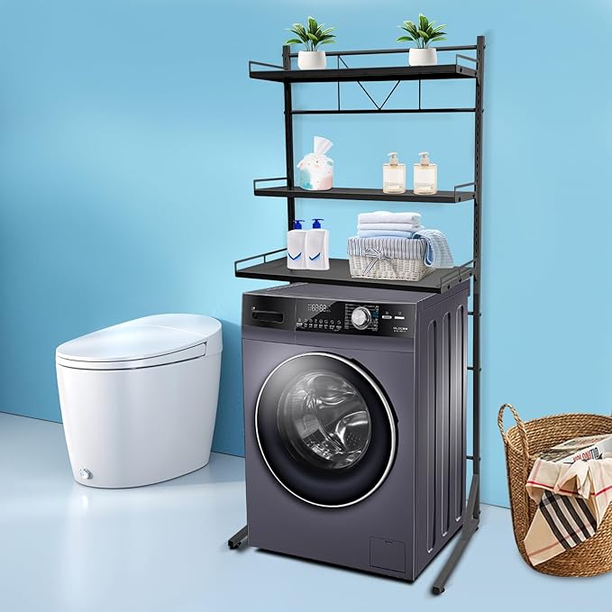 Eapmic Over The Washer and Dryer Storage Shelves, Laundry Room Standing Shelf, 3 Tier Expandable Washer and Dryer Rack with Adjustable Height, Over Toilet Washing Machine Width Within 25.2" (Black)