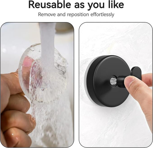 Josmimic Suction Cup Hooks for Shower, Removable Towel Hooks for Bathroom, Kitchen, Glass Door, Mirror, Tile – Loofah, Towel, Coat, Bath Robe Hook for Hanging, Black 4 Pack