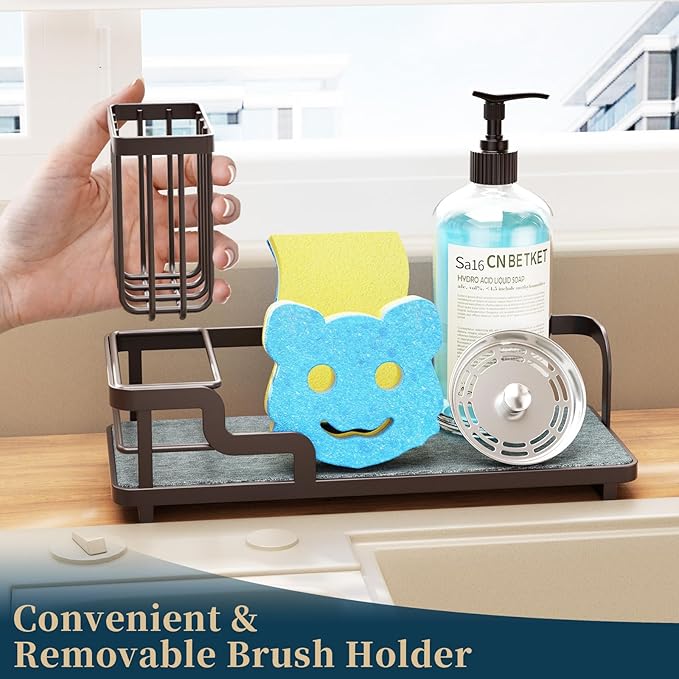Consumest Sponge Holder for Kitchen Sink - Sink Caddy Organizer with Water Absorbing Stone Tray, Detachable Brush Holder, Stainless Steel Kitchen Counter Organizer Rack, Bronze