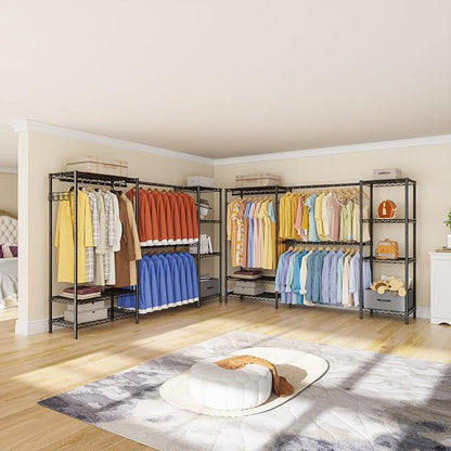 Coat Rack Clothes Wardrobe：Closet Organizer and Storage Clothing Garment Rack with Shelves Heavy Duty for Hanging Clothes Portable Adjustable Black 15.8" Dx(70-88.5)" Wx76.5 H