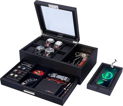 Lifomenz Co Mens Jewelry Box Valet Tray with Drawer and Charging Station Organizer,Nightstand Organizer for Men Jewelry Tray,Catchall Tray for Men Accessories