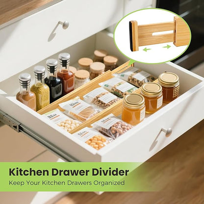 Drawer Divider, Adjustable Bamboo Kitchen Drawer Organizer, Spring Loaded Drawer Organizer, Dresser Separators for Kitchen, Bathroom, Clothes, Office Desk Storage (Natural, 8 Pack Large)