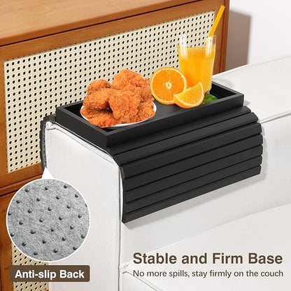 Couch Arm Tray, Bamboo Sofa Table for Couch, Sofa Armrest Tray Table, Anti-Slip Armrest Organizer, Foldable Couch Cup Holder for Snacks, Phone, Control, Cups, Black
