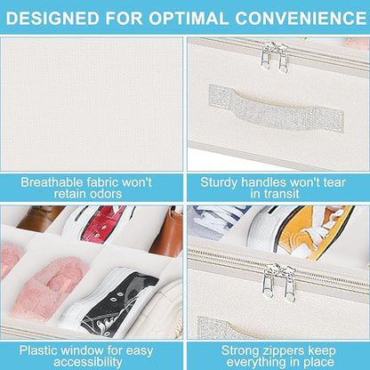 Under Bed Shoe Storage Organizer for Closet, Fits 32 Pairs Underbed Shoes Box Storage Containers Under the Bed Storage Foldable with Sturdy Handles&Clear Window for College Dorms Beige, Set of 2