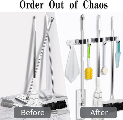 3 Racks and 4 Hooks Broom and Mop Holder Wall Mounted Garage Organizer Storage Tool Racks Stainless Steel Heavy Duty Hooks Self Adhesive Solid Non-slip Wall Hangers for Home Kitchen Garden Laundry