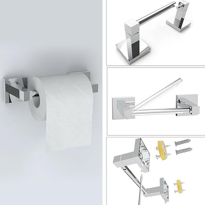 Ruacq Chrome Toilet Paper Holder Towel Ring Bathroom Accessories Hardware Set Double Post Pivoting Toilet Roll Holder Square Stainless Steel and Zinc Alloy Modern Wall Mounted 2 Pieces