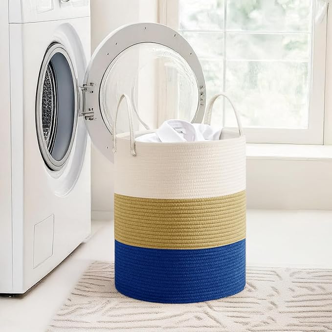 Cotton Rope Basket，Large Blanket Basket for Living Room,Woven cotton rope laundry baskets，For Bathroom Dirty Clothes ，Nursery Toys，pillow storage organization, 80L,white and dark blue.