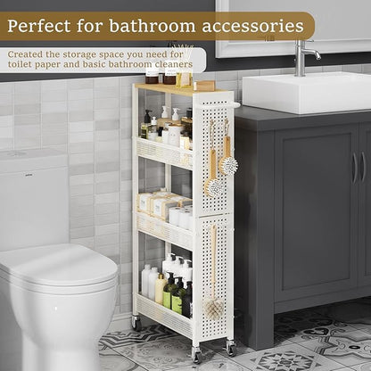 Utility Slim Storage Cart 4 Tier Small Rolling Kitchen Laundry Room Organization Cart with Wood Top Metal Narrow Bathroom Cart Cabinet Narrow Storage Cabinet Trolley with Handle for Small Space