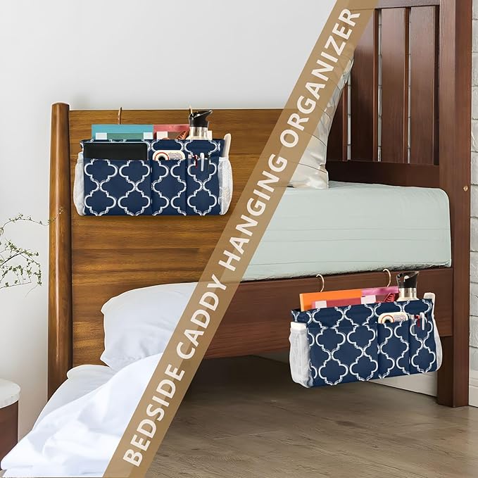 CuwrYet Bedside Caddy Hanging Bunk Bed Caddy Bed Organizer Hanging Pocket with 2 Hooks Bedside Storage Organizer Pocket Bag Holder Navy Blue Geometric Quatrefoil