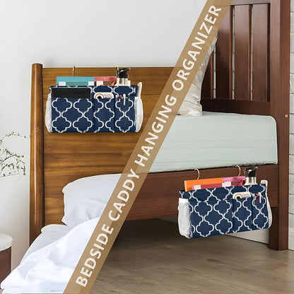 CuwrYet Bedside Caddy Hanging Bunk Bed Caddy Bed Organizer Hanging Pocket with 2 Hooks Bedside Storage Organizer Pocket Bag Holder Navy Blue Geometric Quatrefoil