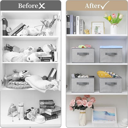 Storage Baskets, 11-Inch Woven Fabric Bins, Storage Cubes with Reinforced Handles, Organizer Bins for Closet Shelves, Foldable, for Toys, Clothes, Natural Beige (4PCS/Grey-11*11*7.8inch)