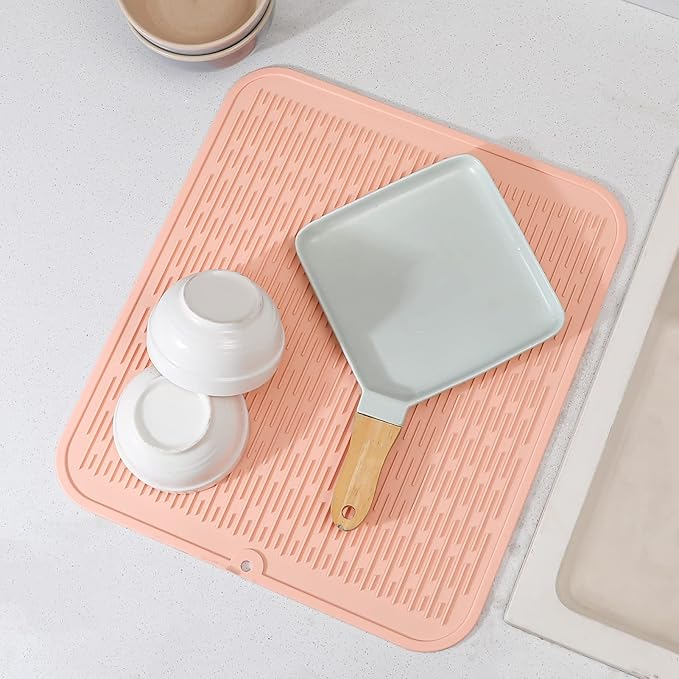 Silicone Dish Drying Mat for Multiple Usage,Easy clean,Eco-friendly,Heat-resistant Silicone Mat for Kitchen Counter or Sink,Refrigerator or Drawer Liner Pink XL 18 inches x 16 inches