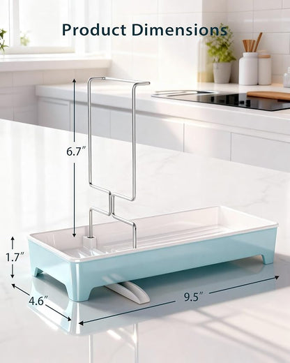 Caumic Minimalist Sink Caddy, Rustproof Sponge Holder for Kitchen Sink with 304 Stainless-Steel Brush Holder, Countertop Rack Organizer with Raised Ridges & Silicone Drain Tube (Pastel Blue)