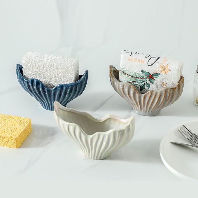 Uiddo Sponge Holder for Kitchen Sink, Ceramic Sponge Holder with Fishtail Design, Sink Sponge Holder Caddy Organizer for Countertop, Farmhouse Kitchen Decor, Compact Kitchen Sponge Holder(Grey)