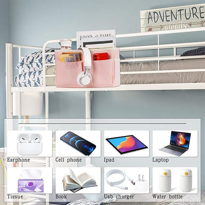 Retyion Bedside Caddy Bedside Storage Organizer Hanging Bunk Bed Dorm Room with Side Pockets for Water Bottles, Books, Cell Phones, Headphones (Pink)
