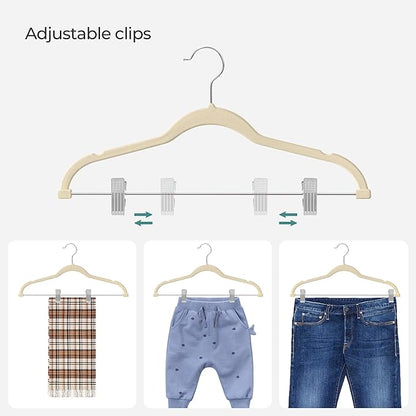 SONGMICS 30 Pack Pants Hangers, 16.7 Inches Long Velvet Trousers Hangers with Adjustable Clips, Heavy-Duty, Non-Slip, Space-Saving for Pants, Skirts, Coats, Dresses, Tank Tops, Sandy Beige UCRF012M30