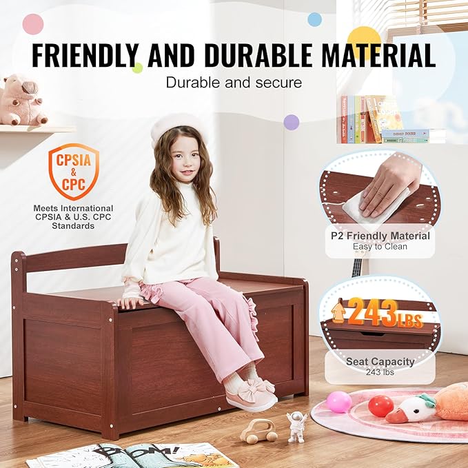 VEVOR Wooden Toy Chest for Kids, Toddler Toy Storage Box with Flip-Top Lid and Safety Hinge, 32.68 x 17.91 x 24.02 Large Kids Storage Bench for Playroom, Bedroom, Living Room or Entryway, Cherry