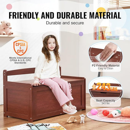VEVOR Wooden Toy Chest for Kids, Toddler Toy Storage Box with Flip-Top Lid and Safety Hinge, 32.68 x 17.91 x 24.02 Large Kids Storage Bench for Playroom, Bedroom, Living Room or Entryway, Cherry