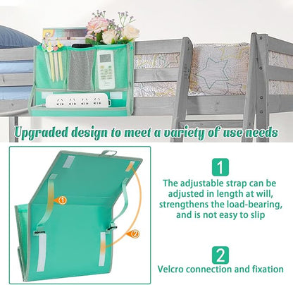 Retyion Bedside Caddy Bedside Storage Organizer Bedside Organizer with Power Strip Holder and 2 Adjustable Straps for Home Bunk Bed College Dorm Sofa (Green)